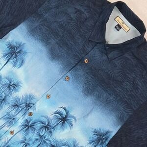 Tommy Bahama Men Hawaiian Silk Shirt L Blue Palm Tree Camp Tropical Cruise